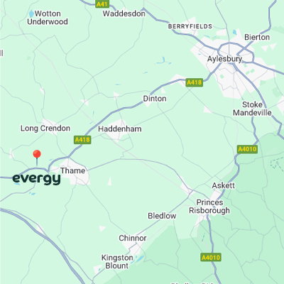 Map showing Evergy's proximity to Aylesbury with local areas including Thame, Long Crendon and Berryfields